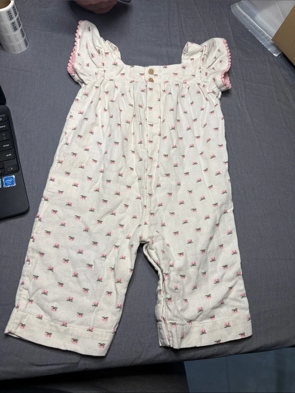 White Floral Girls' Cotton Romper with Pink Print